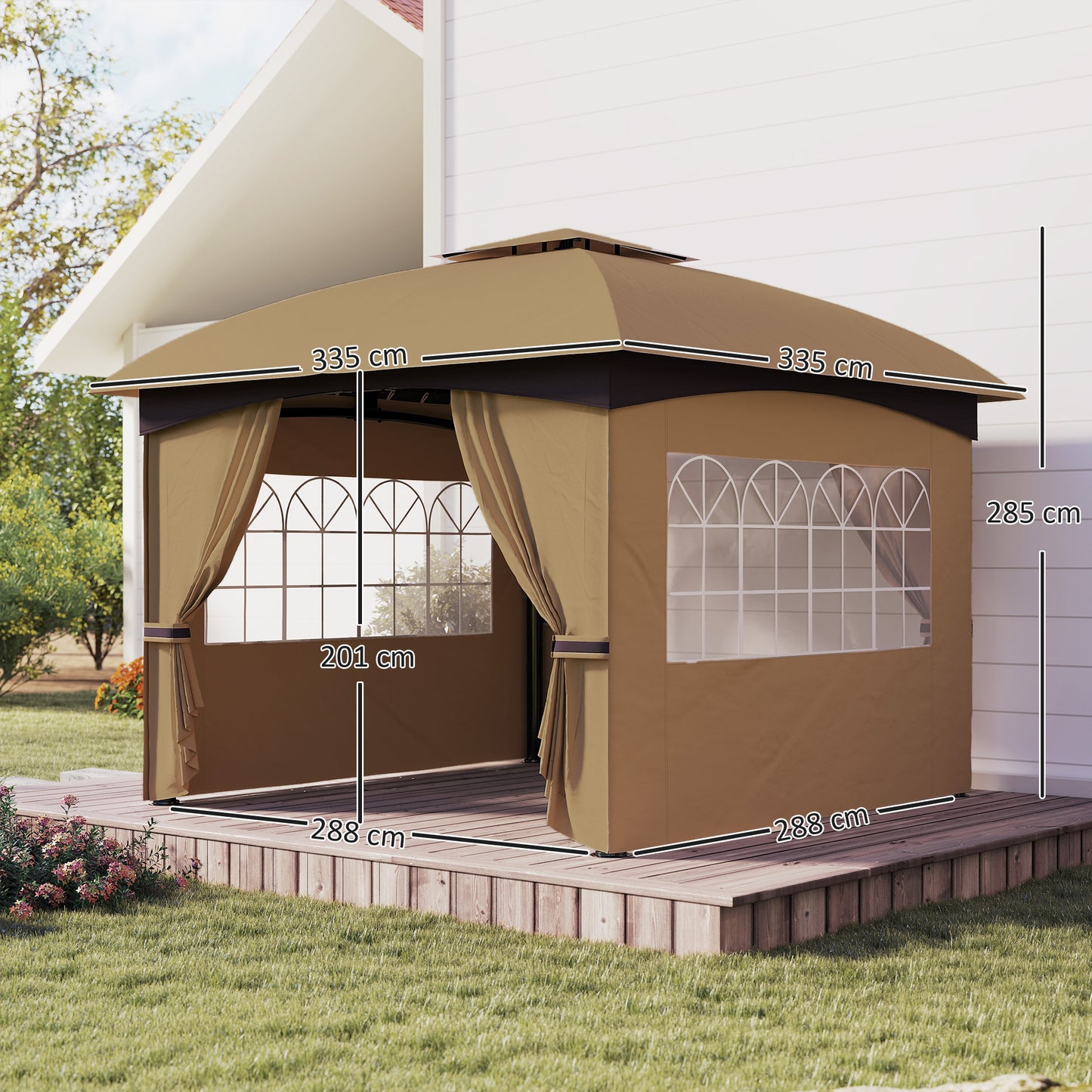 Outsunny 3,4 x 3,4 m Gartenpavillon, Bierzelt mit Lüftungsdach, Bogenfenstern, Stahlgestell, Beige