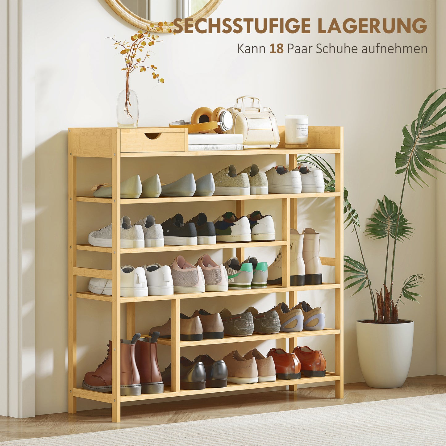 HOMCOM Schuhregal, Schuhständer mit 6 Ebenen, Schublade aus Bambus, für max. 18 بار شوهي، شوهابلاج فور إينغانغ، شلافزيمر، 101 × 30 × 100 سم، طبيعي