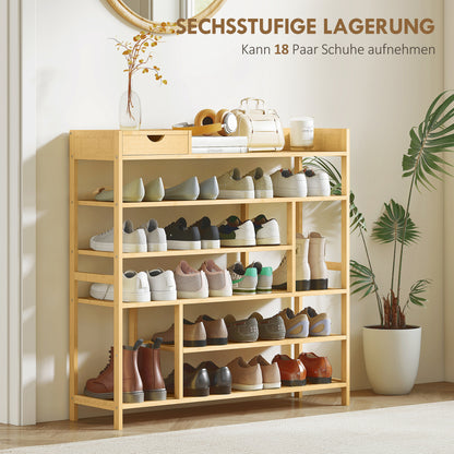 HOMCOM Schuhregal, Schuhständer mit 6 Ebenen, Schublade aus Bambus, für max. 18 بار شوهي، شوهابلاج فور إينغانغ، شلافزيمر، 101 × 30 × 100 سم، طبيعي