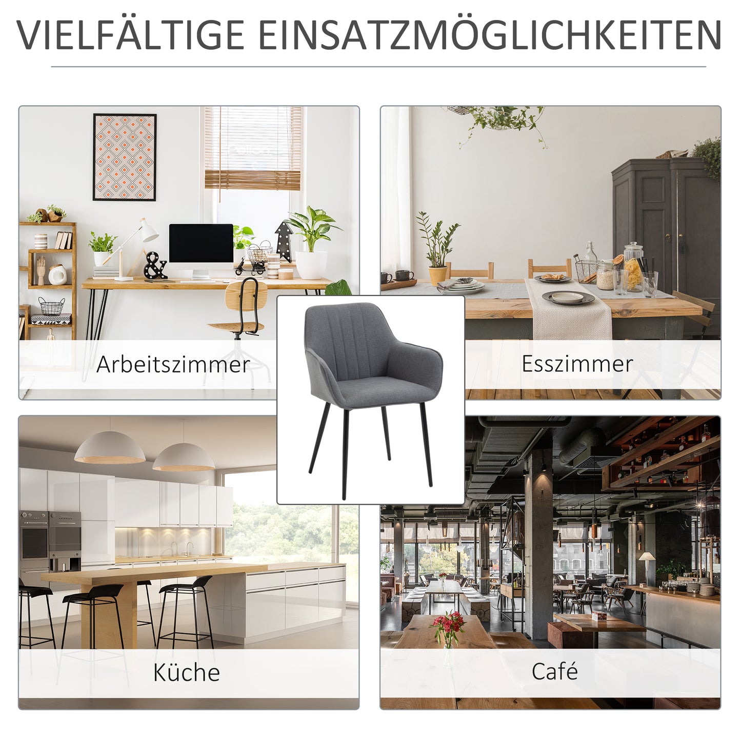HOMCOM 2er Set Esszimmerstühle Essstühle Polsterstuhl mit atmungsaktivem Leinenbezug Wohnzimmerstuhl Sessel Küchenstuhl mit Rückenlehne Armlehne Leinen Dunkelgrau 59,5 x 56,5 x 81 cm