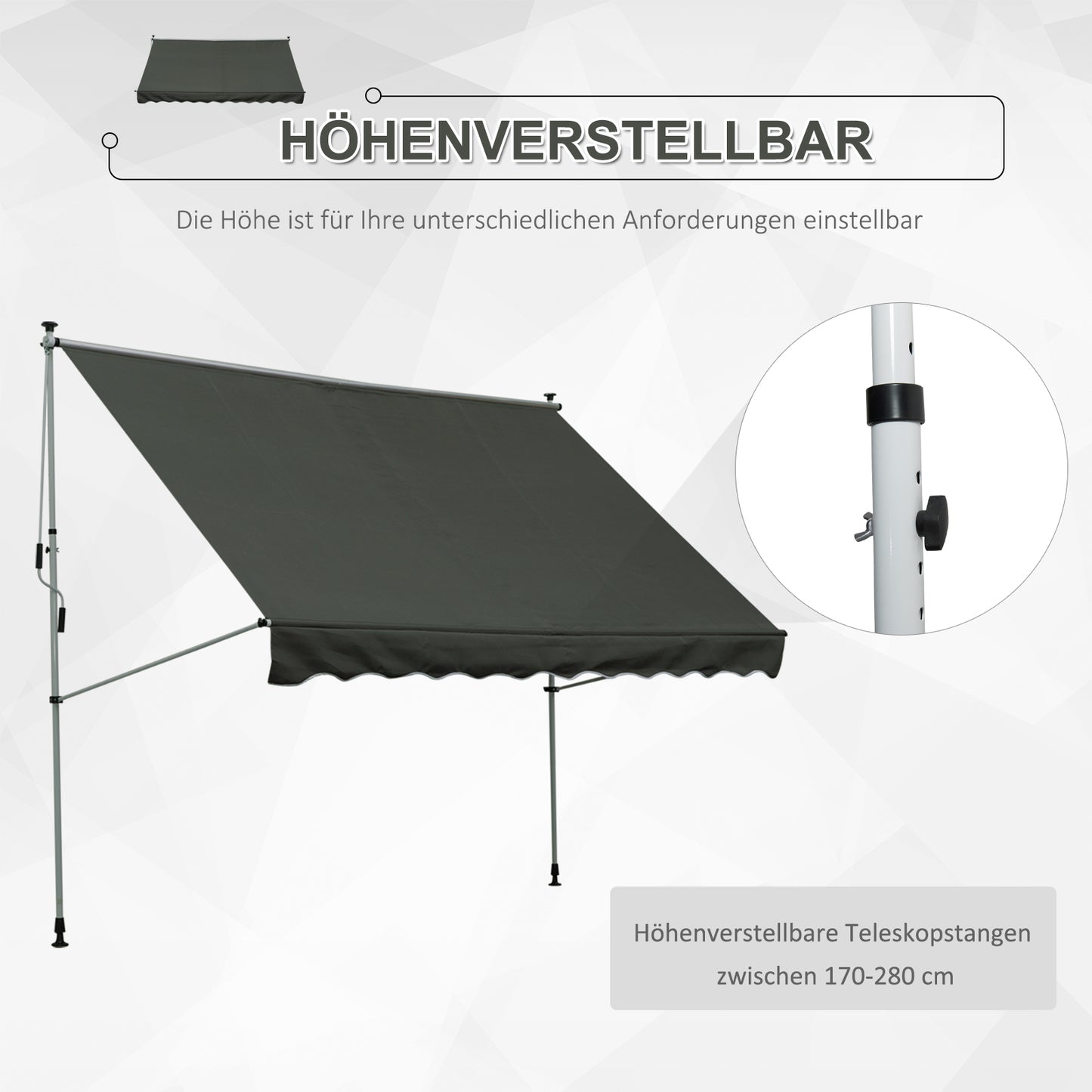 Outsunny Klemmmarkise mit Handkurbel höhenverstellbar Gelenkarmmarkise schmutzabweisend, witterungsbeständig Balkonmarkise 150cm breit Terrassenmarkise für Terrasse Balkon Veranda Grau