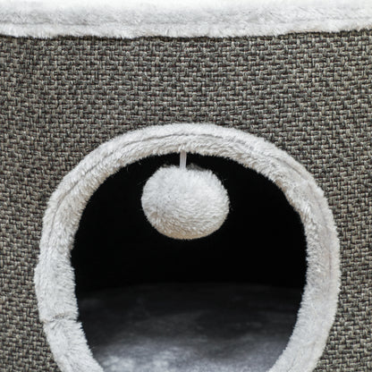 PawHut Katzenhöhle, 2 Etagen, Katzenhaus, Plüsch, Kissen, Sisal-Kratzbrett, Φ40 x 30H cm, Dunkelgrau