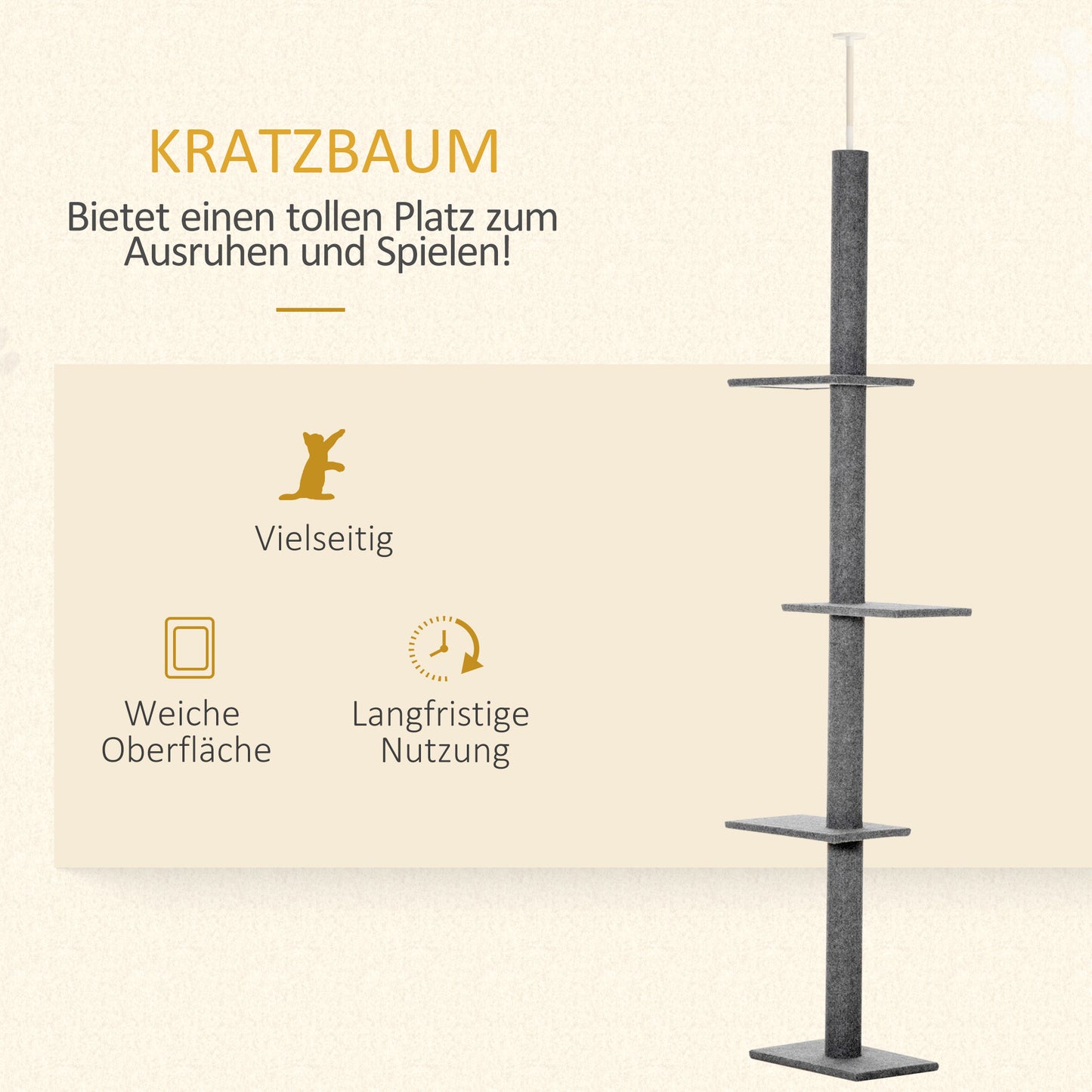 PawHut Kratzbaum deckenhoch Höhe 228-260 cm Katzenbaum mit Plattformen mehrstöckiger Katzenkratzbaum Kletterbaum für kleine & große Katzen, Grau