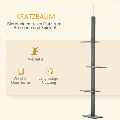 PawHut Kratzbaum deckenhoch Höhe 228-260 cm Katzenbaum mit Plattformen mehrstöckiger Katzenkratzbaum Kletterbaum für kleine & große Katzen, Grau