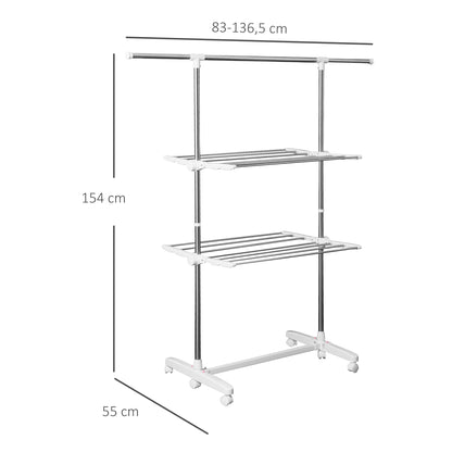 HOMCOM Turmwäscheständer ausziehbar Standtrockner mit 3 Ebenen, klappbare Flügel, Rollen, Wäschetrockner für Innen und Außen, Weiß, 83-136,5 x 45,5 x 154 cm