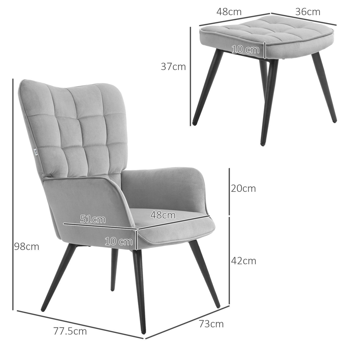 HOMCOM Relaxsessel mit Ottomane bis 120 kg Sessel mit Fußhocker, 2-teiliges Set, Grau
