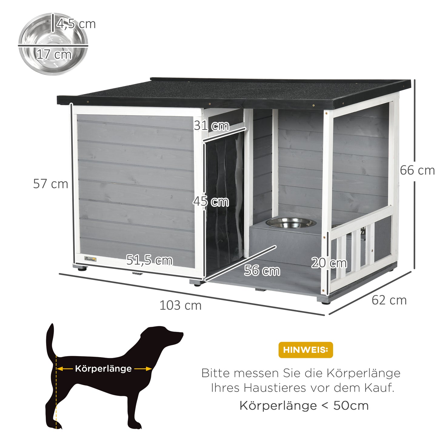 PawHut Hundehütte aus Massivholz، mit 2 Fressnäpfen، Veranda، wetterbeständig، 103 سم × 62 سم ​​× 66 سم، Grau + Weiß
