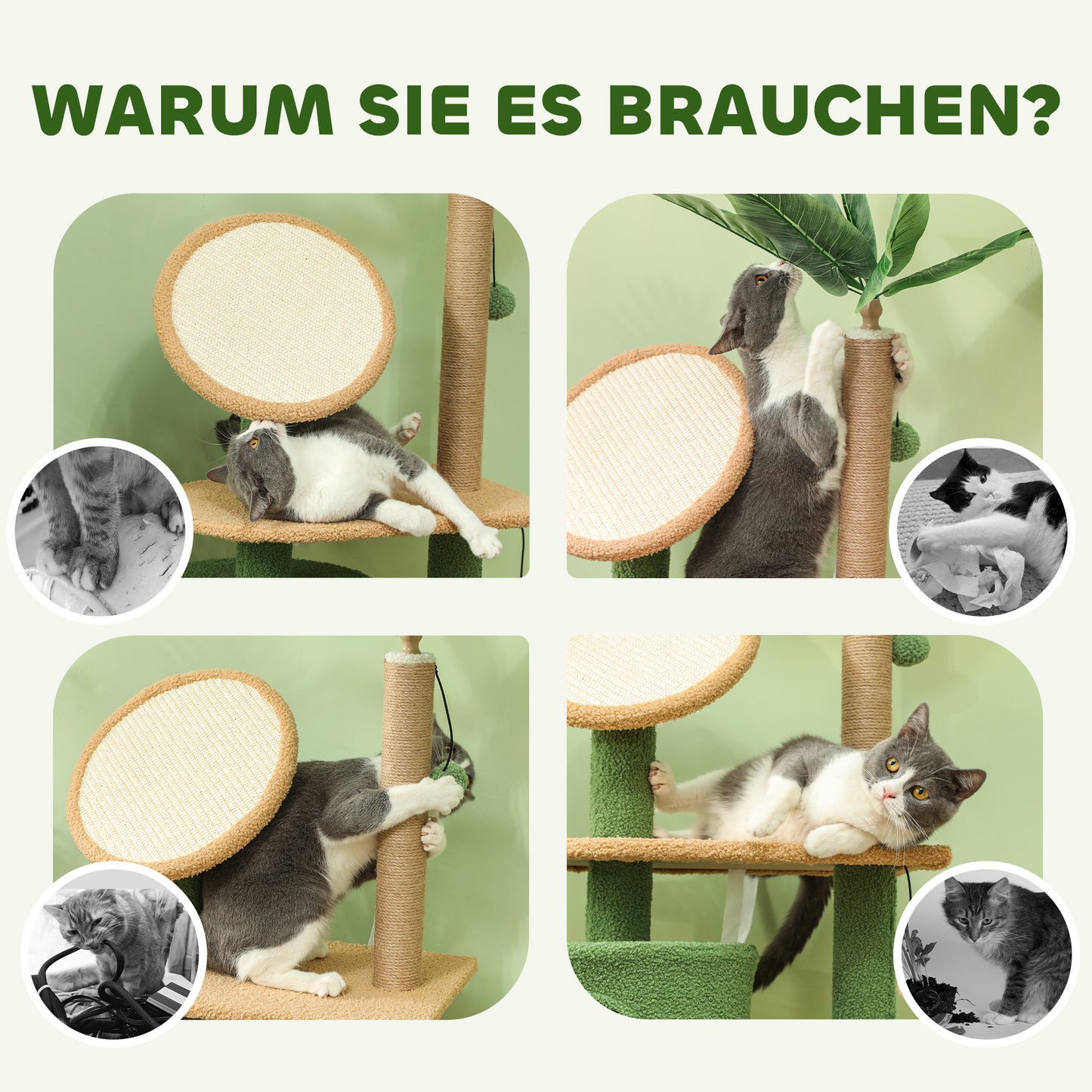 PawHut Kratzbaum, 139 cm Katzenbaum mit Höhle, Spielbällen, Sisal-Kratzpfosten und Plattformen, für zwei Katzen, Grün