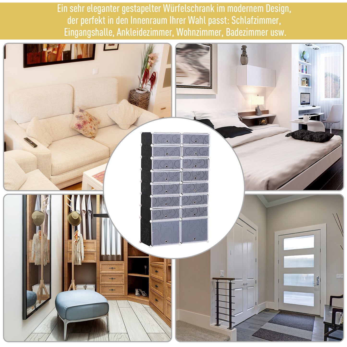 HOMCOM Schuhboxen 16er Set Schuhkarton stapelbar Schuhorganizer Schuhaufbewahrung Aufbewahrungsboxen Regalsystem mit Tür, Schwarz + Weiß