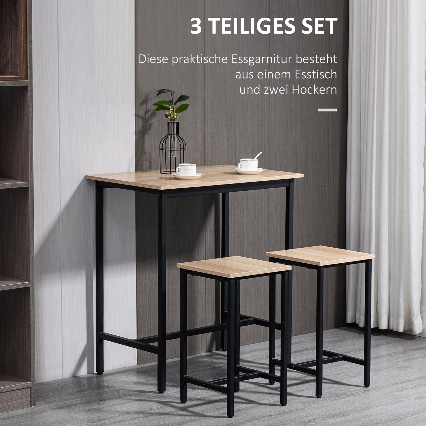 HOMCOM Bartisch-Set im Industrie-Design, 3-teilig, 1 Tisch, 2 Hocker, Schwarz + Natur