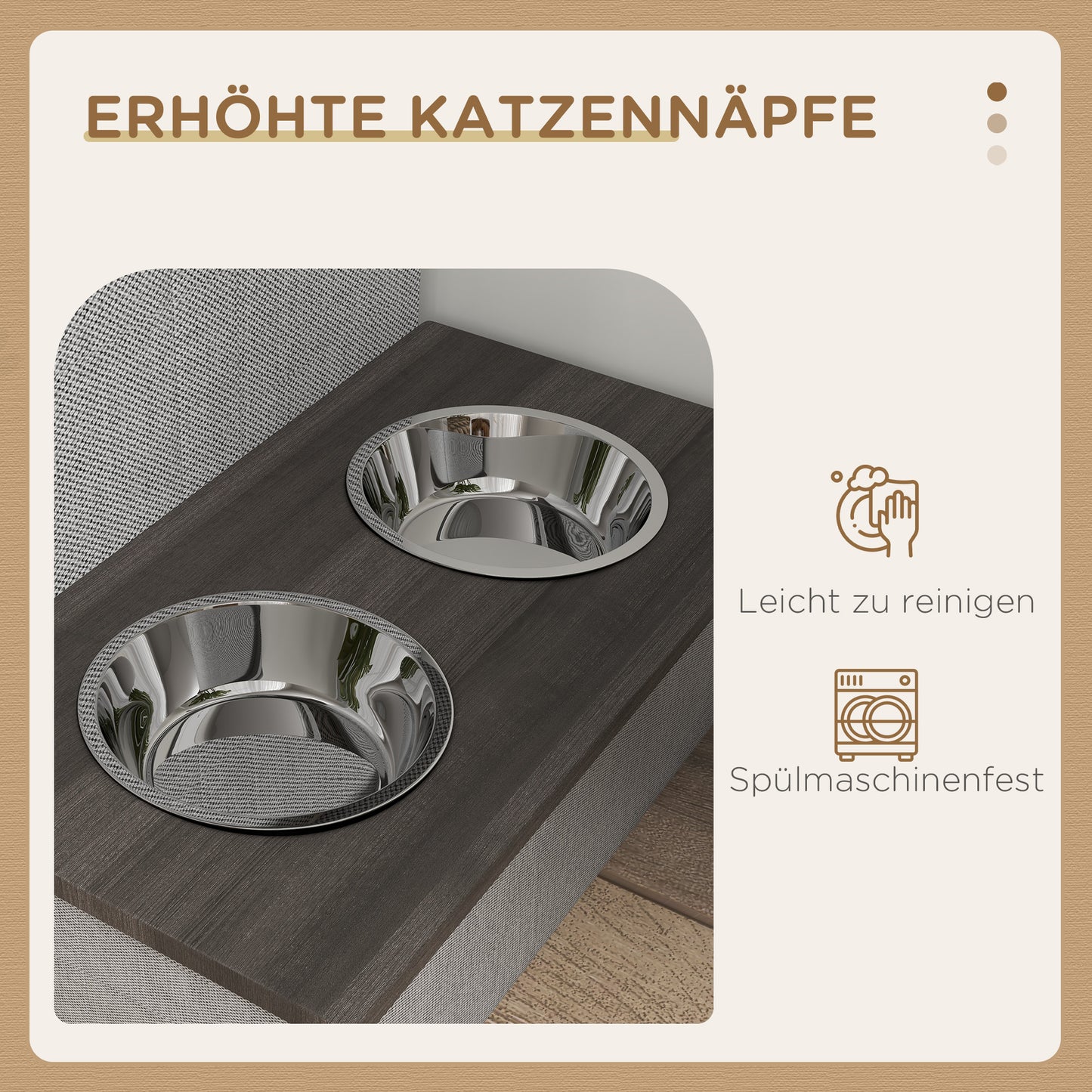 PawHut Katzenhaus, Futterplatz mit 2 Edelstahlnäpfen, Kratzmatte, weiches Liegekissen, 78 x 48 x 49,5 سم, غراو