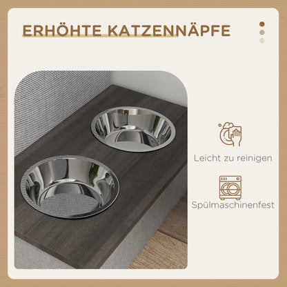 PawHut Katzenhaus, Futterplatz mit 2 Edelstahlnäpfen, Kratzmatte, weiches Liegekissen, 78 x 48 x 49,5 سم, غراو