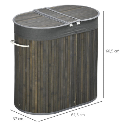 HOMCOM 100 L Wäschekorb mit Deckel, Griff, 2 Abschnitte, herausnehmbarer Wäschesack, für Schlafzimmer, Badezimmer, Bambus, Grau