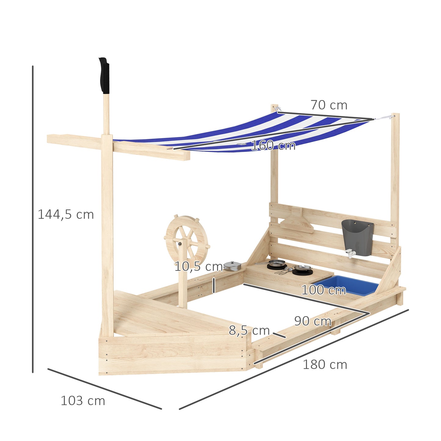Outsunny Sandkasten mit Sonnendach Piratenschiff, inkl. Kinderküchenspielset, Massivholz, 180 x 103 x 144,5 cm, Natur + Blau