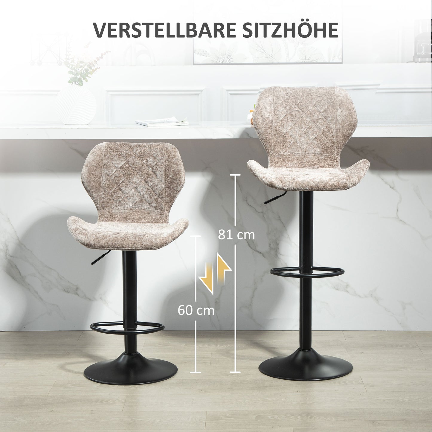HOMCOM Barstühle im 2er-Set, Höhenverstellbare Küchenhocker mit Rückenlehne, Gaslift, Fußstütze, drehbar, Braun