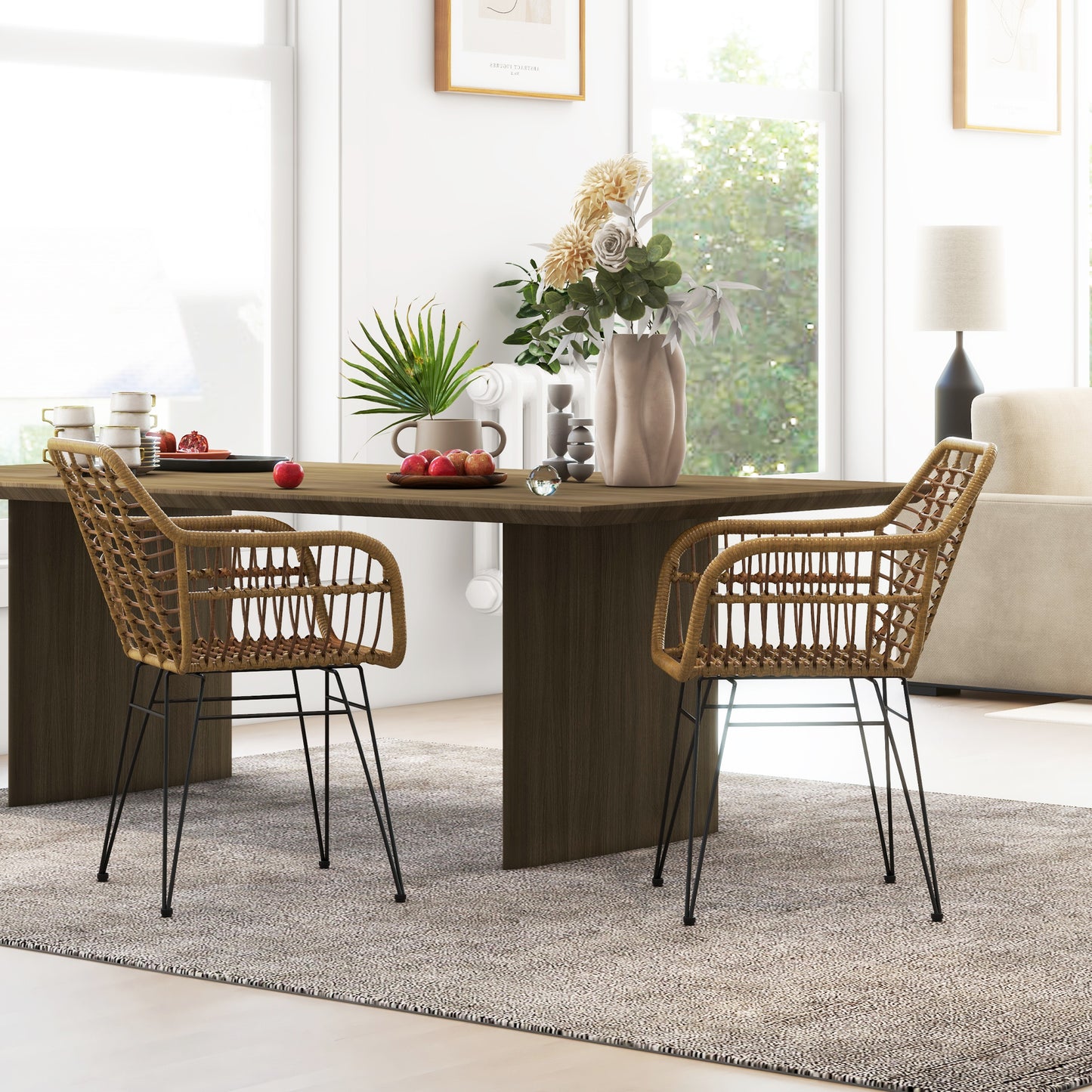 HOMCOM 2-er-Set Stühle im Boho-Stil، Küchenstühle، PE-Rattan، 56 x 60 x 79 سم، Natur + Schwarz