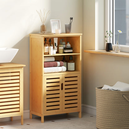kleankin Badezimmerschrank aus Bambus, mit Lamellentüren, 2 Regale, 1 Schrank, 50 cm x 29 cm x 92 cm, Natur