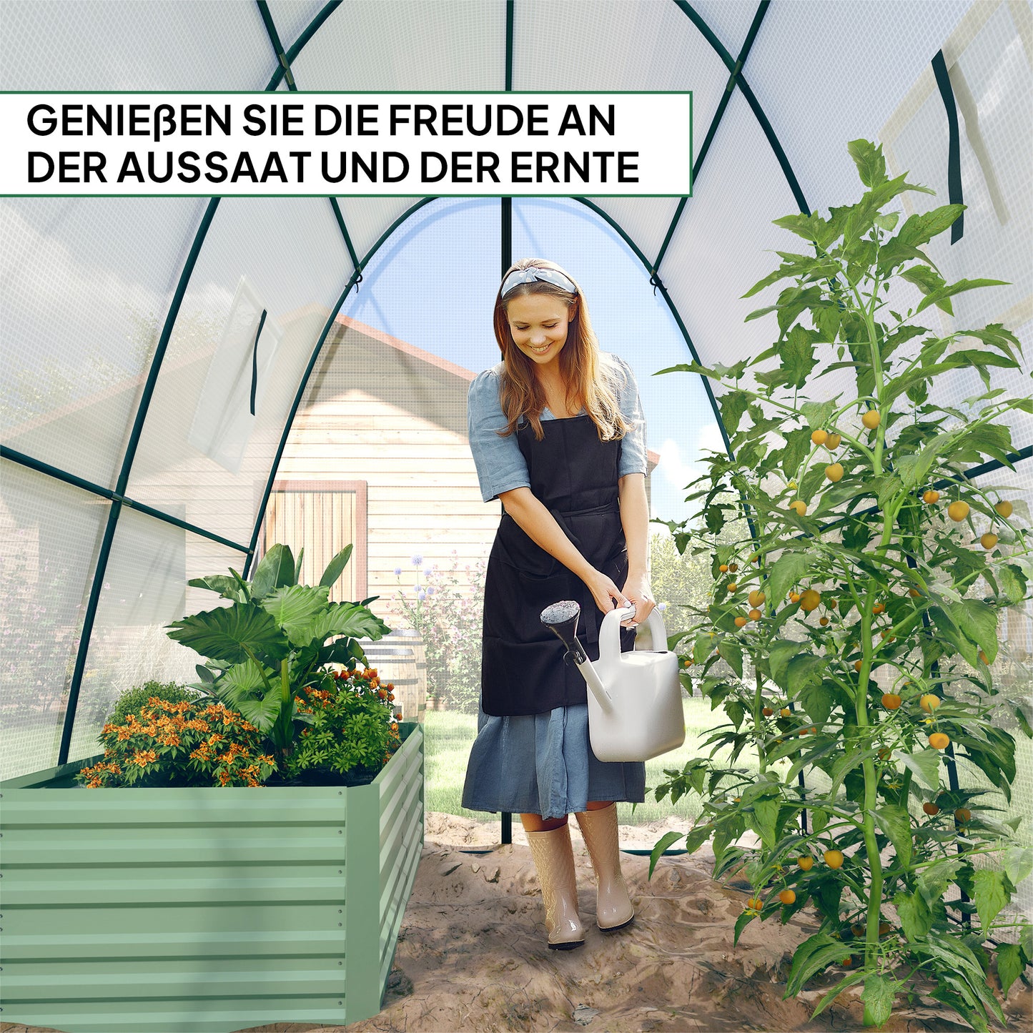 Outsunny Bogen-Gewächshaus mit Sandsäcken und Kunststoff-Abdeckung, 2 Rolltüren, Netzfenster, tragbar, 1,8 x 1,8 x 2 m, Weiß