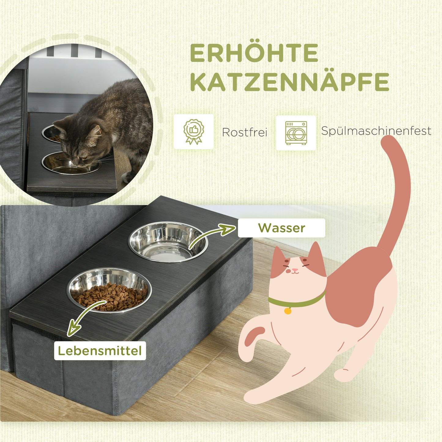 PawHut Katzenhaus Katzenhütte Katzenhöhle, 3 Haustiertreppen, 2 Fressnäpfe, 70 x 50 x 51, cm, Grau