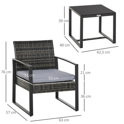 Outsunny Rattan Gartenmöbel Set für 2 Personen Polyrattan Gartenmöbel Set Balkonmöbel Set mit Kissen Garten Grau