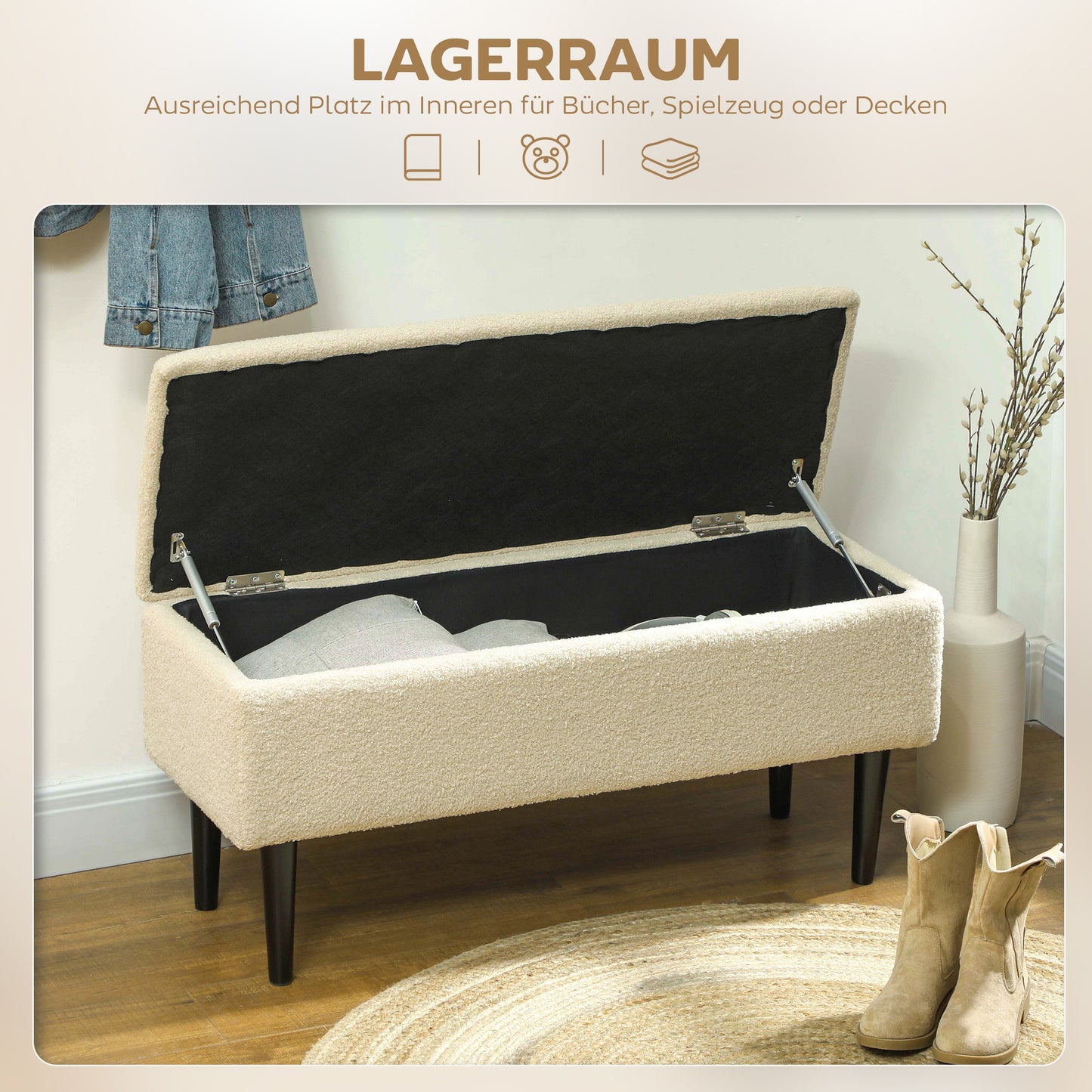HOMCOM Sitzbank im Vintagedesign, Schuhbank, versteckter Stauraum, Kaschmir-Optik, Beige + Schwarz