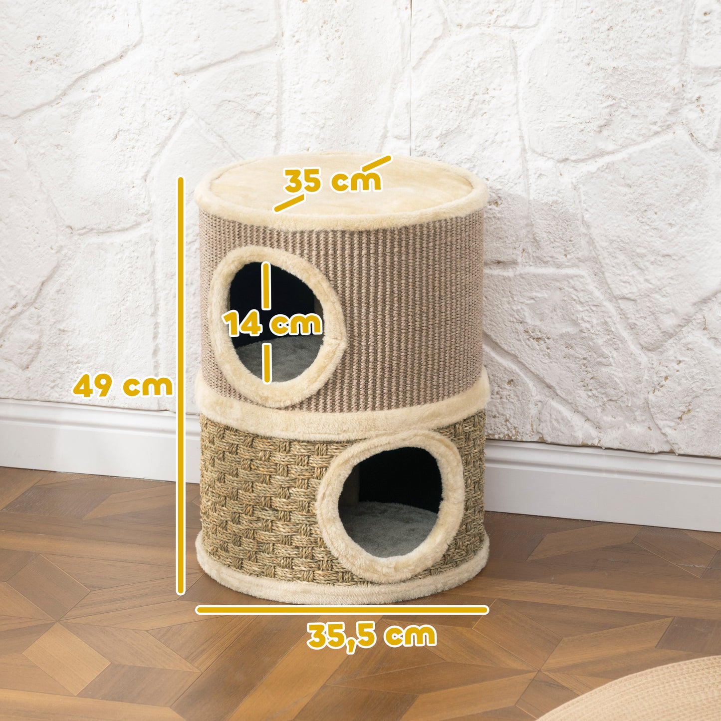 PawHut Kratztonne, 49 cm hoch, Ø35,5 cm zweistöckige Katzentonne mit Plüschrand Kratzmatte, 2 Höhle Khaki+Kaffee