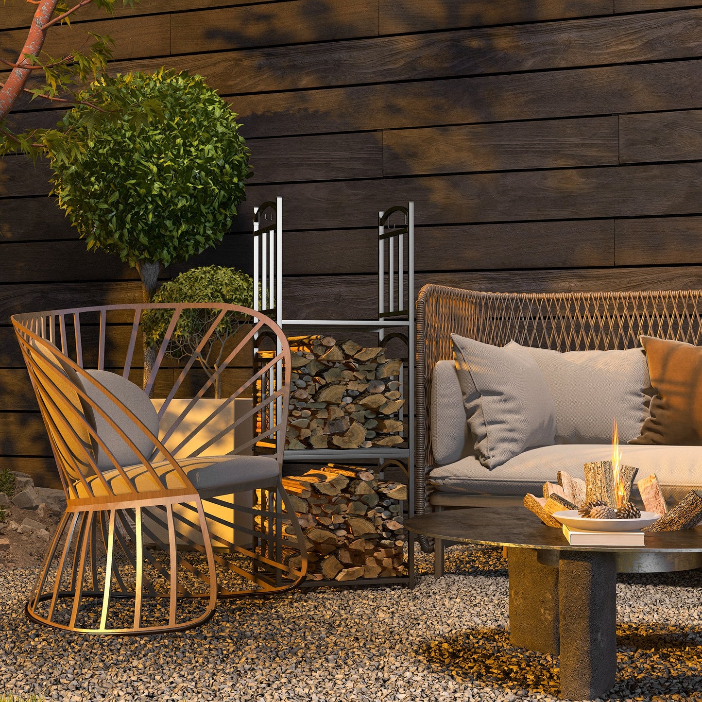 Outsunny Kaminholzregal für innen 46 × 32 × 126 سم 3 Ebenen Brennholzregal mit 4 Haken Metall Schwarz