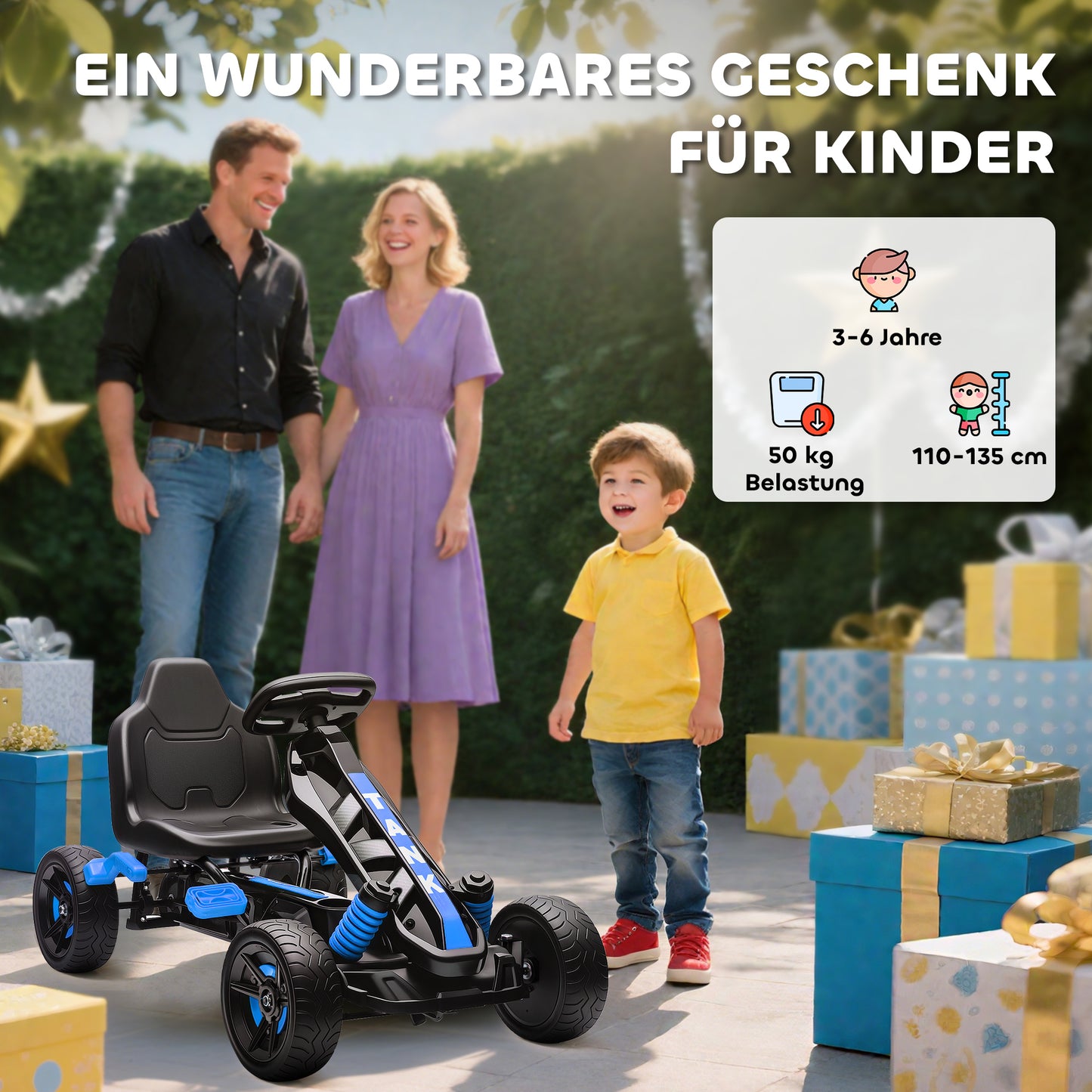 AIYAPLAY Gokart mit Pedalen, Tretauto für Kinder mit Bremse, rutschfeste Räder, Metallrahmen, 3-6 Jahre, Blau
