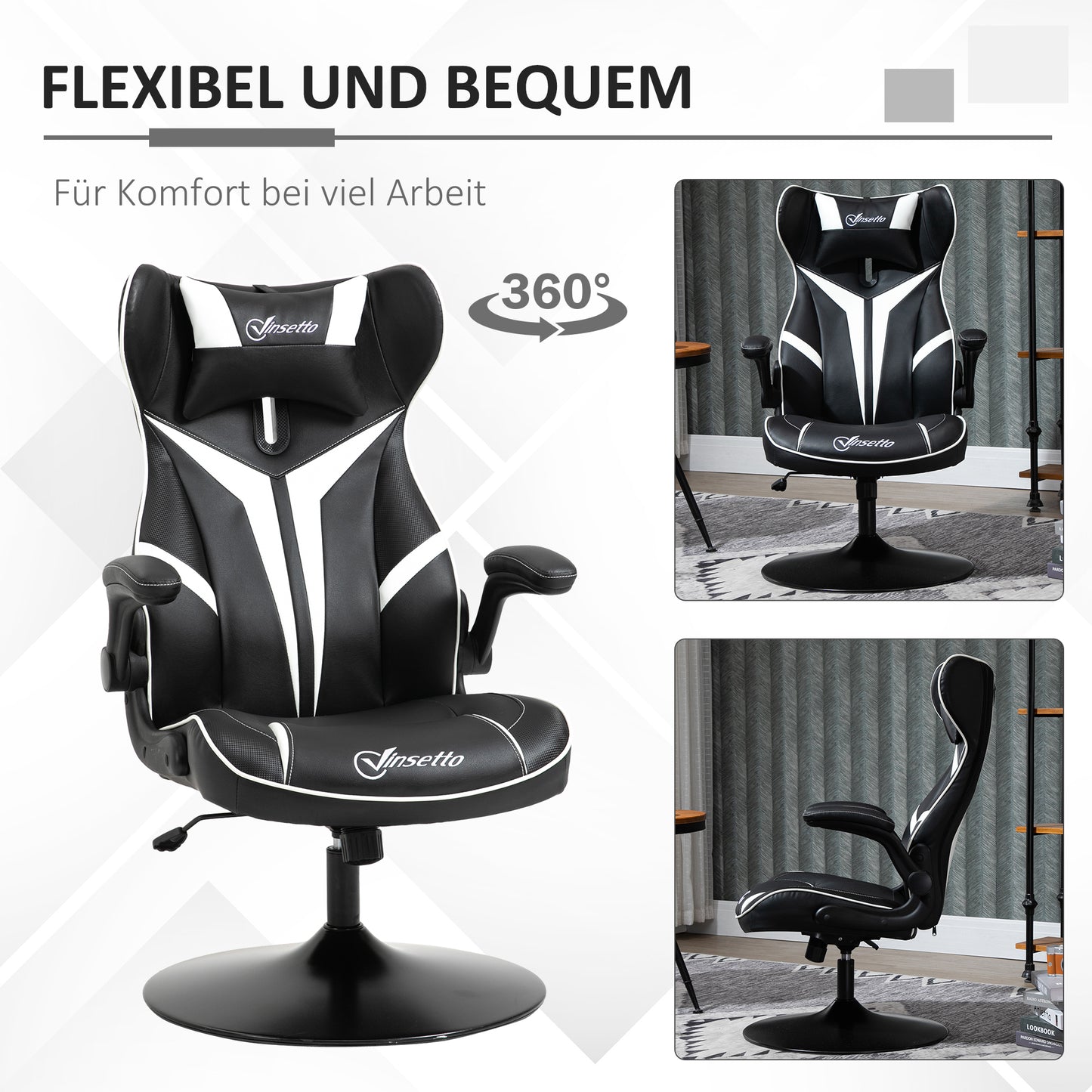 Vinsetto Gaming Stuhl ergonomischer Computerstuhl mit Wippfunktion Drehstuhl höhenverstellbar Stahl Schwarz+Weiß 67 x 70 x 106-112 cm