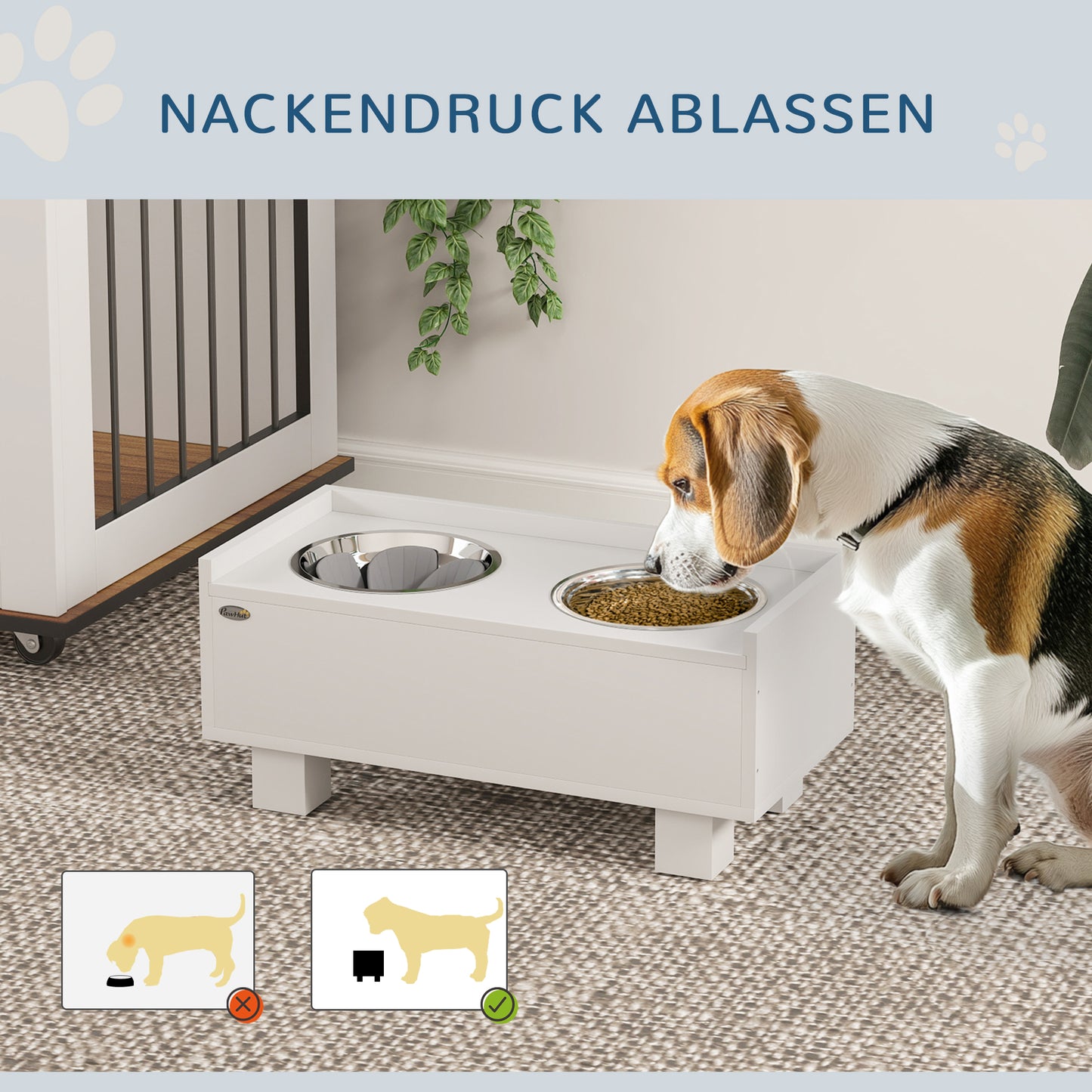 PawHut Erhöhte Fütterungsstation für Hunde, mit abnehmbarer Slow-Feeder-Matte, 2 Aluminiumschüsseln, Stauraum, Weiß