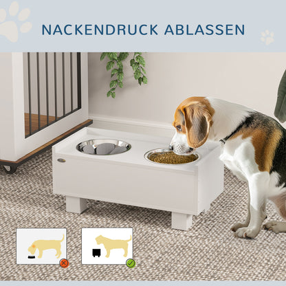 PawHut Erhöhte Fütterungsstation für Hunde, mit abnehmbarer Slow-Feeder-Matte, 2 Aluminiumschüsseln, Stauraum, Weiß