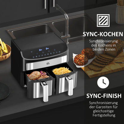 HOMCOM Heißluftfritteuse Multifunktionale Heißluftfritteuse, 8 L Fassungsvermögen, 2 Körbe, 60 min Time, Silber + Schwarz
