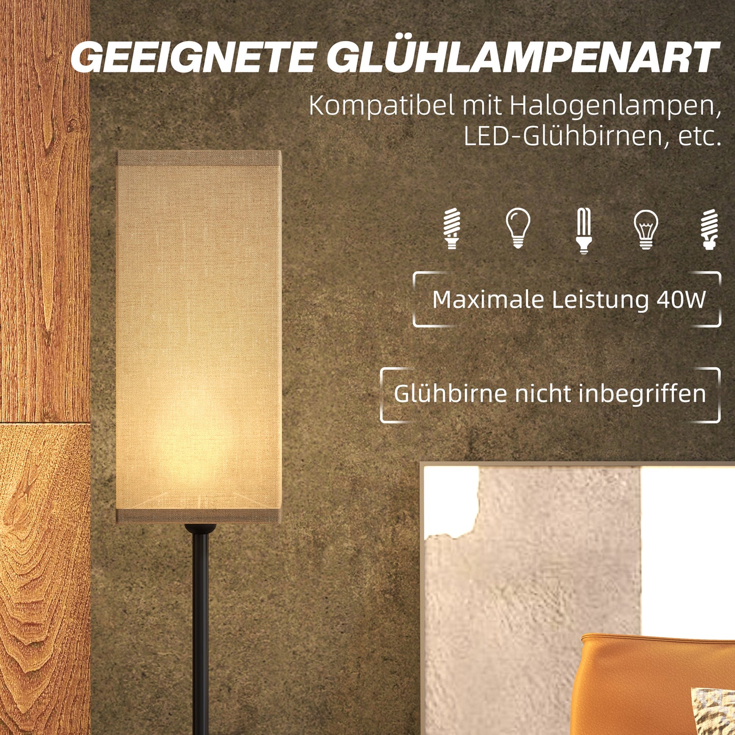 HOMCOM Moderne Stehlampe mit Kunstleinen-Schirm und Fußschalter, für Wohnzimmer und Schlafzimmer, Metall, Schwarz