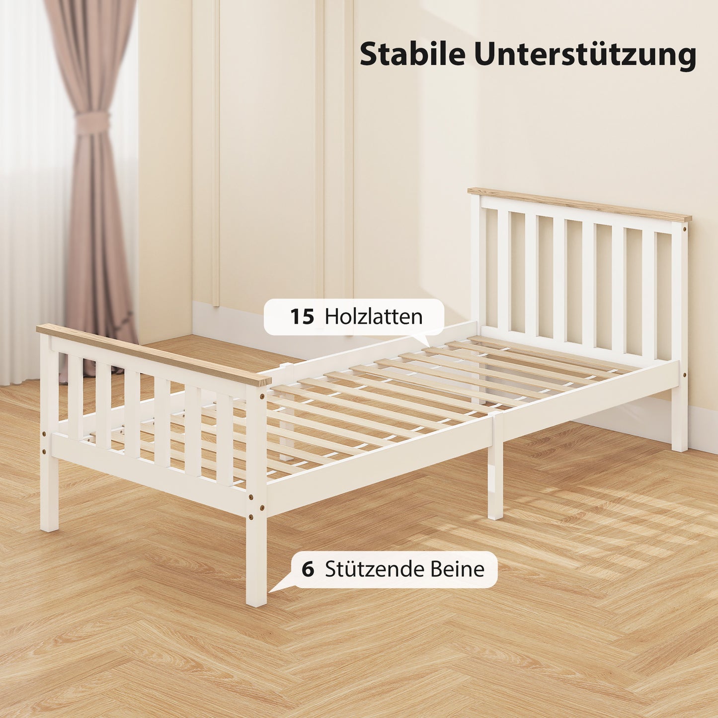 HOMCOM Einzelbettrahmen, Bettrahmen aus Holz, unterer Stauraum, Naturholz, Weiß