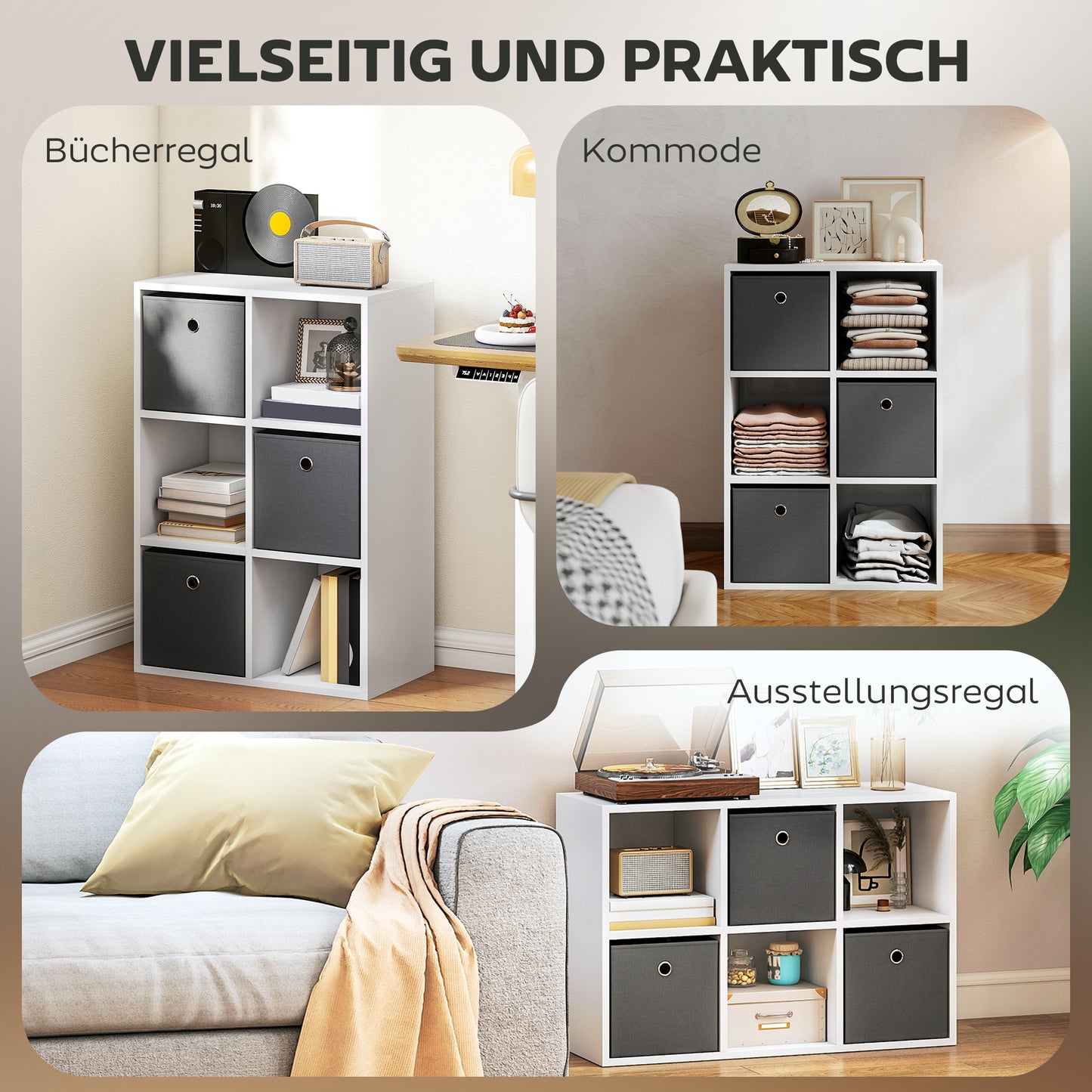 HOMCOM Regal mit 6 Fächern und 3 Stoffschubladen, Aufbewahrungsregal, vielseitig, Grau
