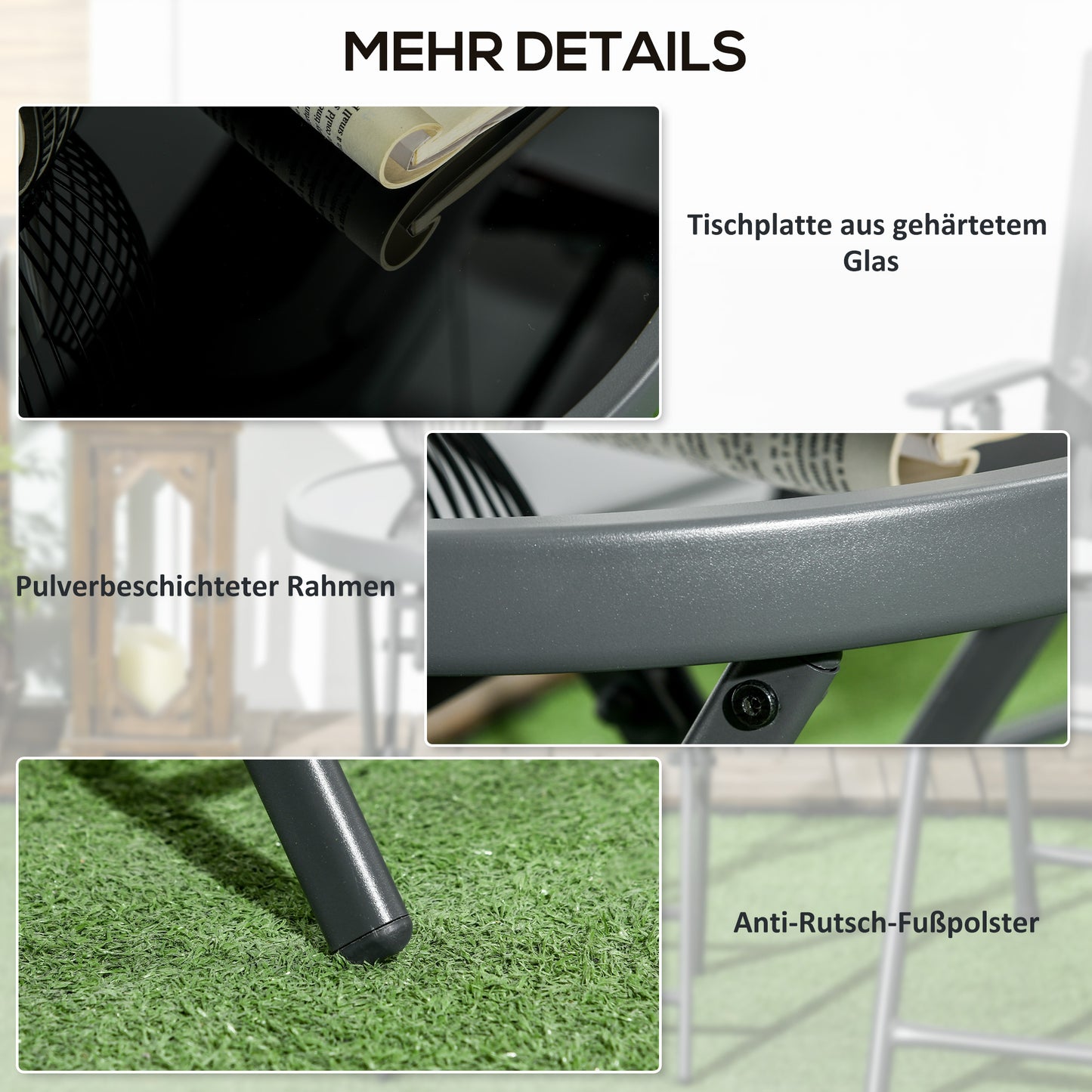 Outsunny Klappbarer Beistelltisch, Outdoor-Klapptisch, mit Tischplatte aus gehärtetem Glas, für Terrasse, 45 x 45 x 50 cm Schwarz