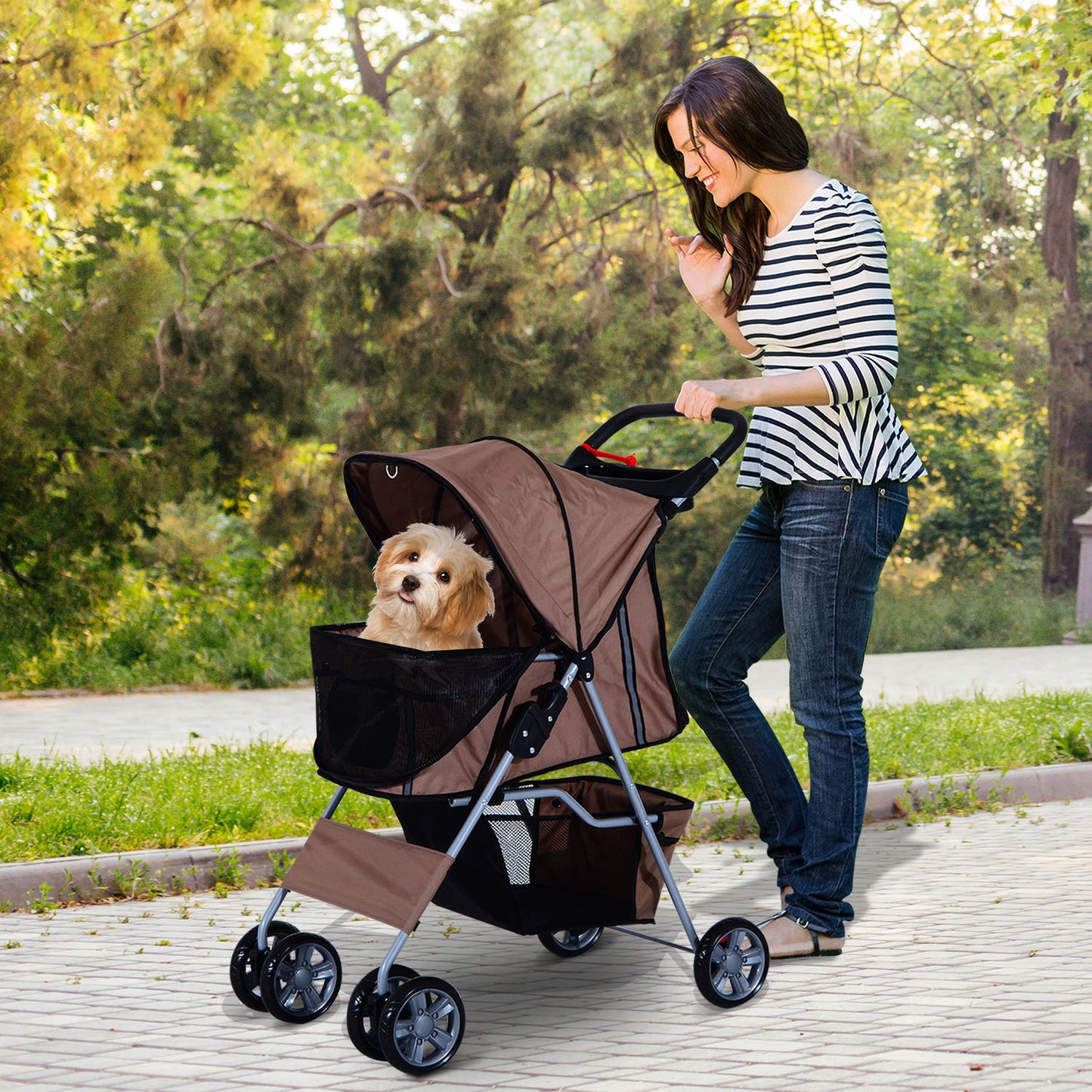 PawHut Hundebuggy Hundewagen bis 10 kg Klappbar Bodenkorb 2 Becherhalter Sonnendach Kaffeebraun