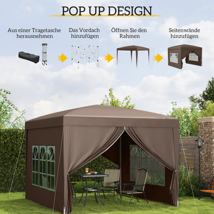 Outsunny 3 x 3 m Pavillon mit 4 Seitenwänden, Fenster, Festzelt mit UV-Schutz, Gartenzelt inkl. Tragetasche, Stahl, Kaffee