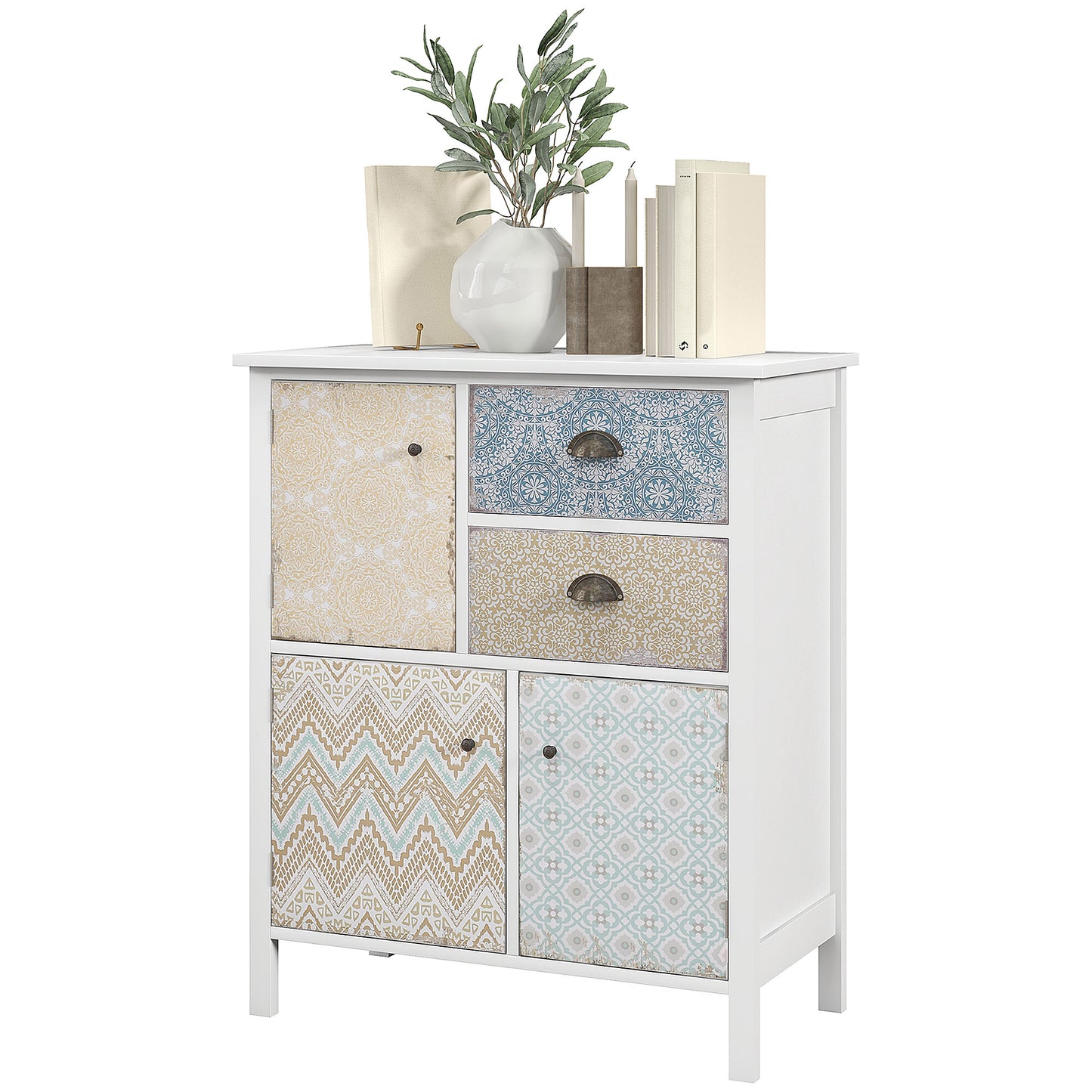 HOMCOM Sideboard, Shabby Chic Kommode, 2 Schubladen, 3 Schrankfächer, Kiefernholz, 68x34x80cm, Weiß