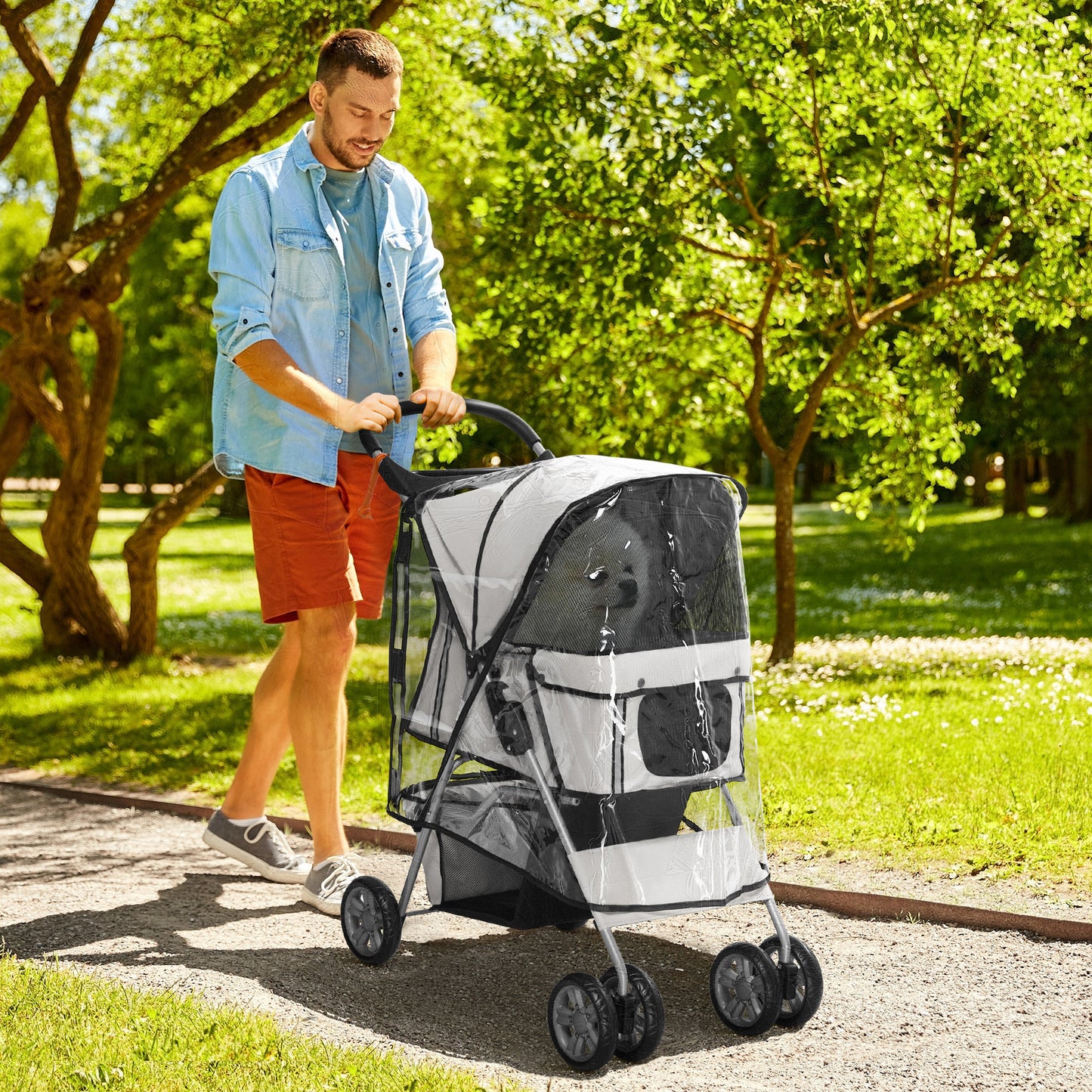 PawHut Hundebuggy Hundewagen bis 10 kg Klappbar Regenschutz Bodenkorb 2 Becherhalter 75 cm x 45 cm x 97 cm Grau