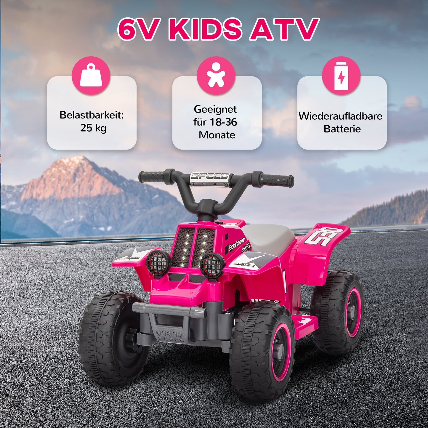 AIYAPLAY Elektrisches Quad Bike für Kinder, batteriebetrieben, fährt vorwärts und rückwärts, LED-Lichter, 18-36 Monate, Rosa