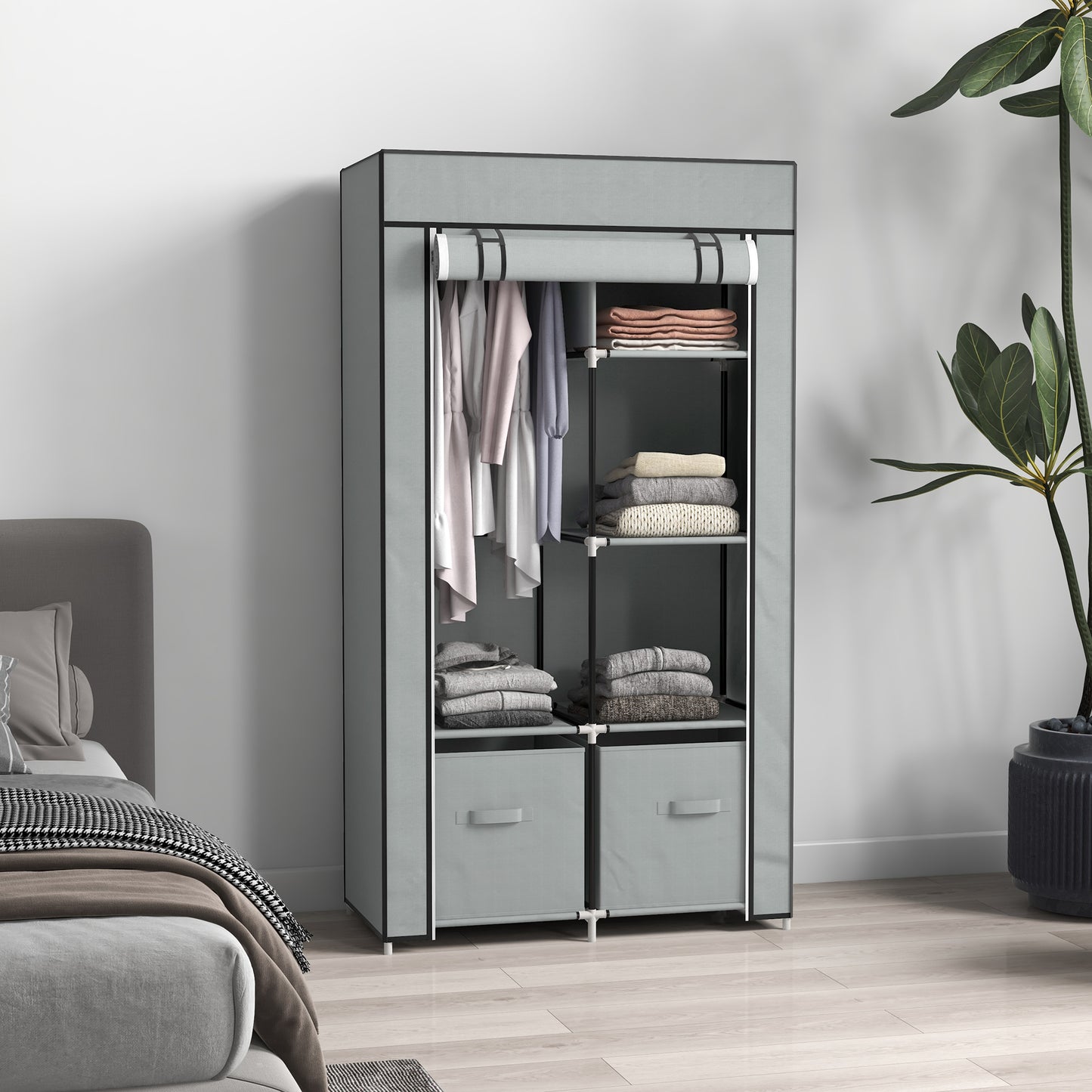 HOMCOM Kleiderschrank Stoffschrank 1 Kleiderstange, 2 Schubladen, 83 x 42.5 x 162,5 cm, Grau
