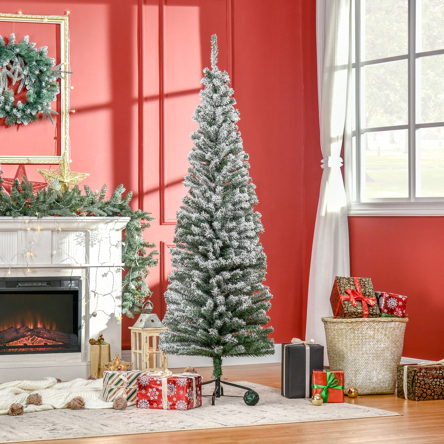 HOMCOM Künstlicher Weihnachtsbaum 180 cm Bleistift Kiefernbaum mit Schnee, 492 Spitzen für drinnen