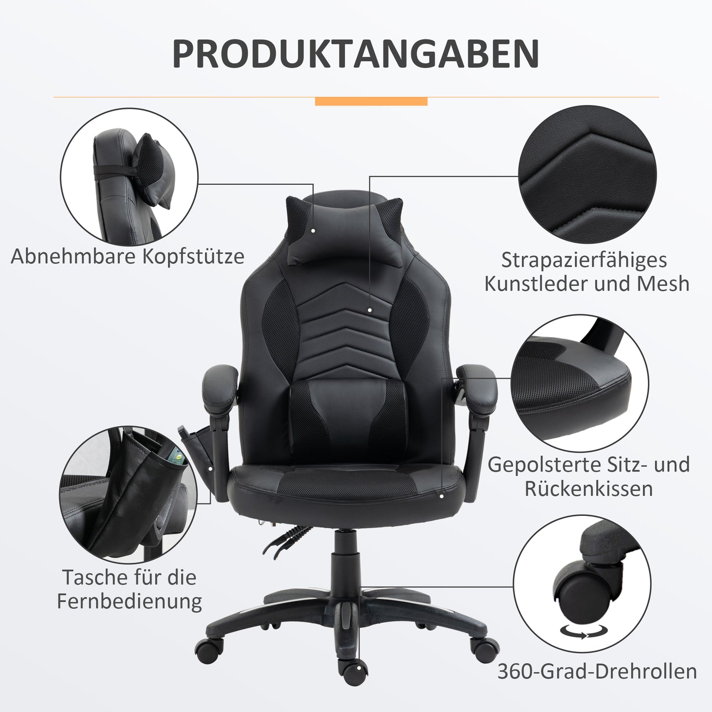 HOMCOM Bürostuhl Massagesessel Massagefunktion mit 6 Vibrationspunkte Ergonomischer Gaming Stuhl mit Wärmefunktion Kunstleder Schwarz 68 x 69 x 108-117cm