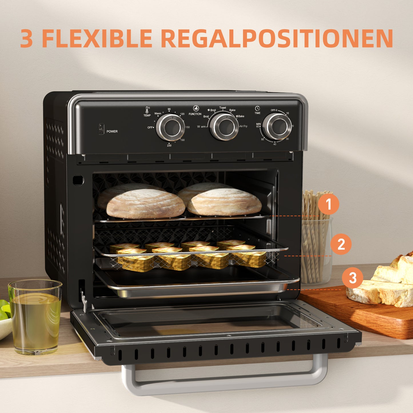 HOMCOM Minibackofen, 20L, 5 Funktionen, 360° Heißluft, Grillrost, Krümelblech, Schwarz