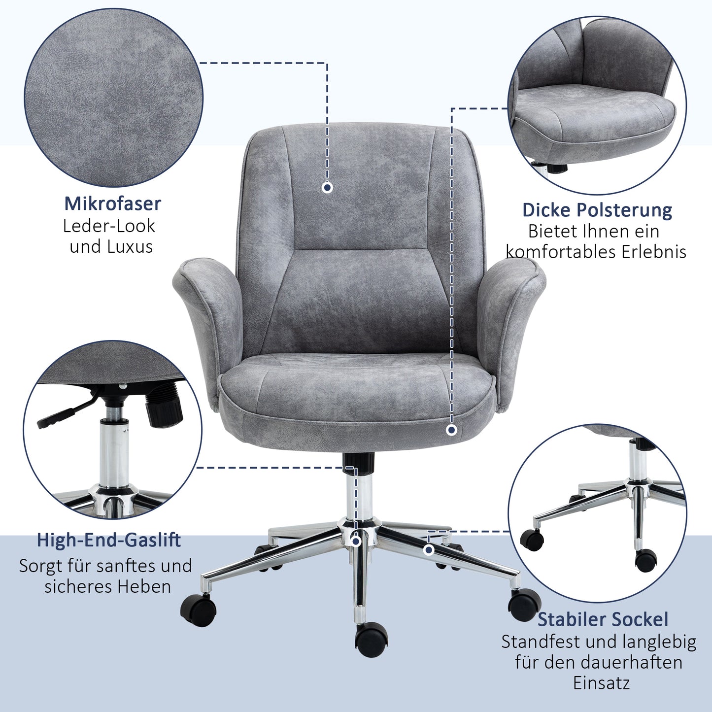 Vinsetto Bürostuhl mit Wippfunktion Schreibtischstuhl höhenverstellbarer Drehstuhl ergonomischer Arbeitsstuhl modern Belastbar bis 120 kg Mikrofaser Hellgrau 67 x 69 x 92-102 cm