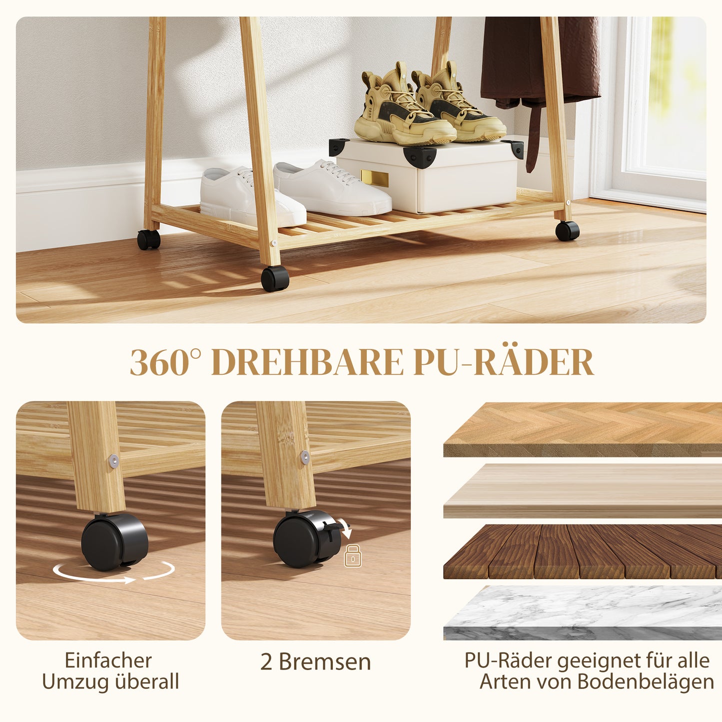 HOMCOM Kleiderständer, 2 untere Regale, 67 cm lange Kleiderstange, Bambusholz, Rollen
