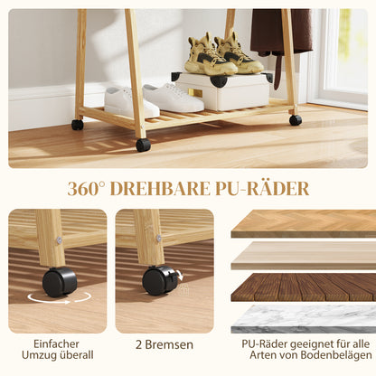 HOMCOM Kleiderständer, 2 untere Regale, 67 cm lange Kleiderstange, Bambusholz, Rollen