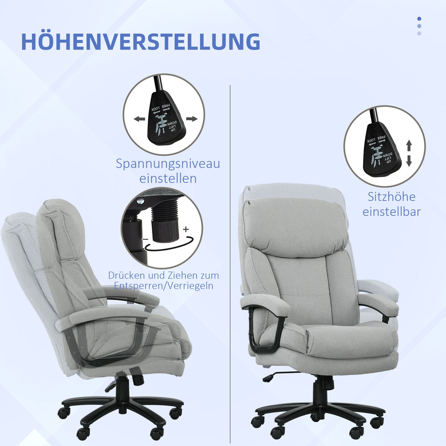 HOMCOM Großer hoher Bürostuhl, 200 kg Tragekapazität, robuste Konstruktion, weicher Bezug, Hellgrau