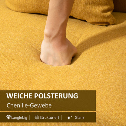 HOMCOM Sofa 2 Sitzer Couch mit 2 Wurfkissen, Kleine Loveseat mit Samtopik Modern Polstersofa für Wohnzimmer, Schlafzimmer, kleinen Raum, Gelb 130 x 70 x 80 cm